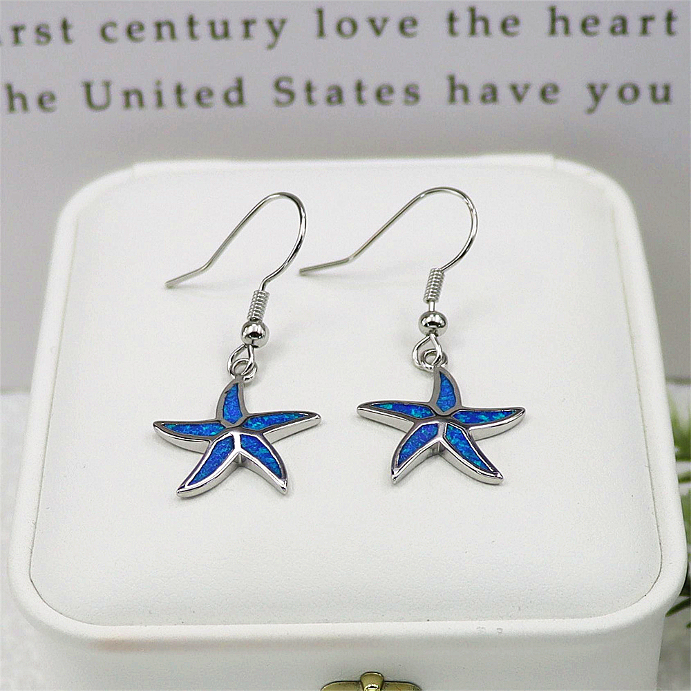 Starfish Dangle Earrings, White Gold Plated Blue Opal Earrings, Nautical Statement Jewelry, Elegant Gift for Women