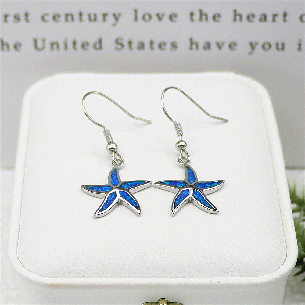 Starfish Dangle Earrings, White Gold Plated Blue Opal Earrings, Nautical Statement Jewelry, Elegant Gift for Women