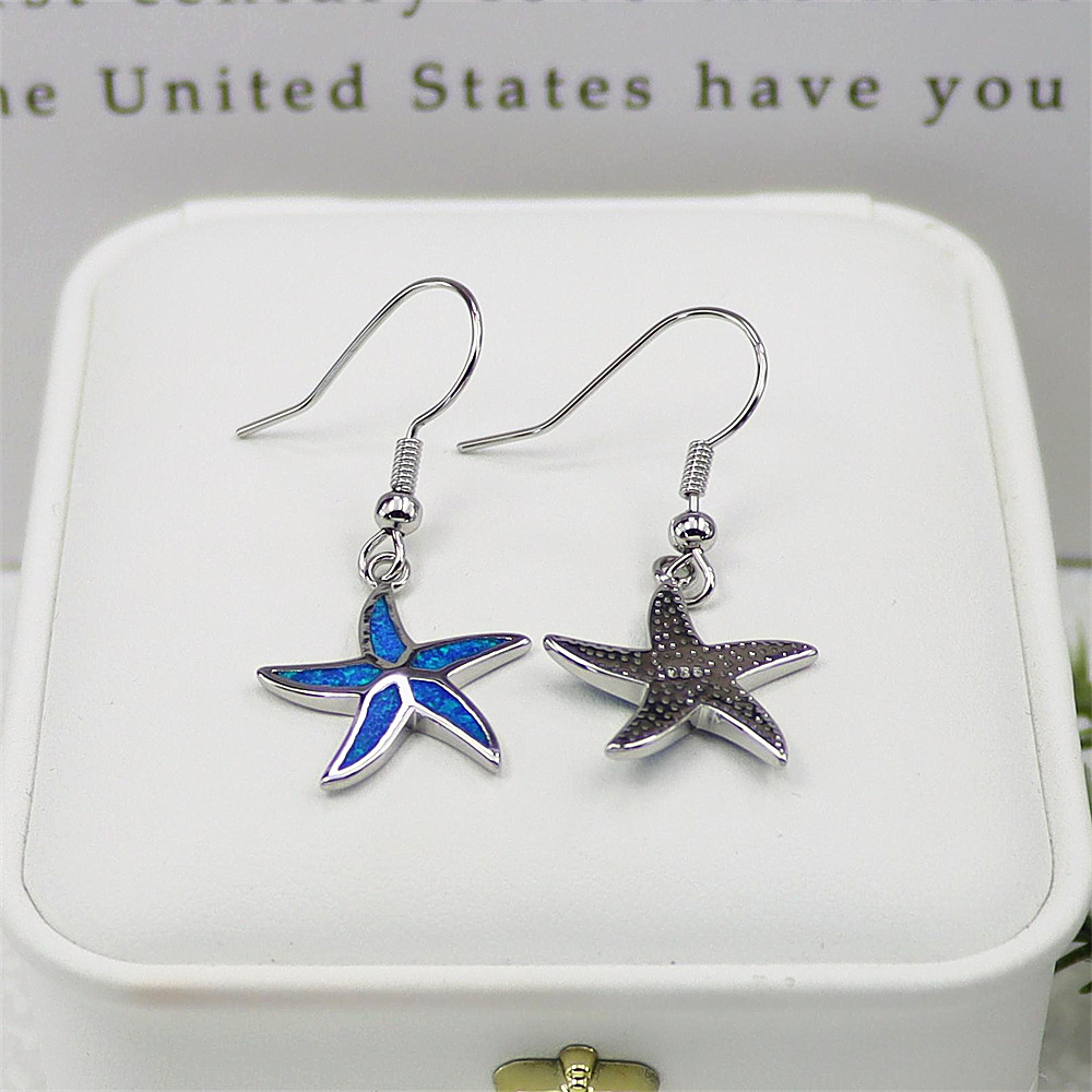 Starfish Dangle Earrings, White Gold Plated Blue Opal Earrings, Nautical Statement Jewelry, Elegant Gift for Women