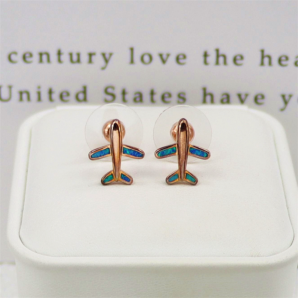 Rose Gold Airplane Stud Earrings, Opal Accent Travel Jewelry, Whimsical Minimalist Earrings, Unique Gift for Women