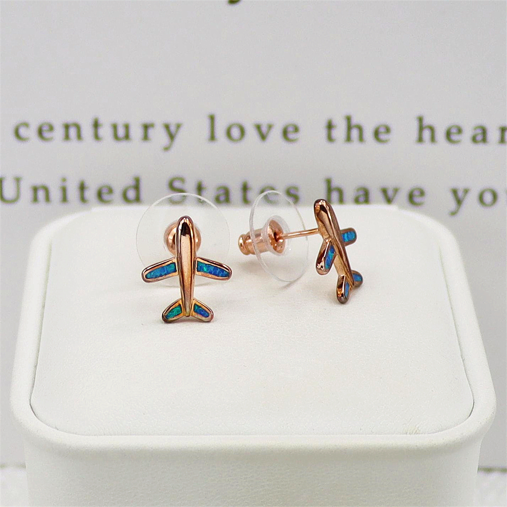 Rose Gold Airplane Stud Earrings, Opal Accent Travel Jewelry, Whimsical Minimalist Earrings, Unique Gift for Women