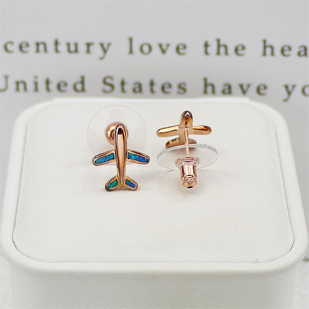 Rose Gold Airplane Stud Earrings, Opal Accent Travel Jewelry, Whimsical Minimalist Earrings, Unique Gift for Women