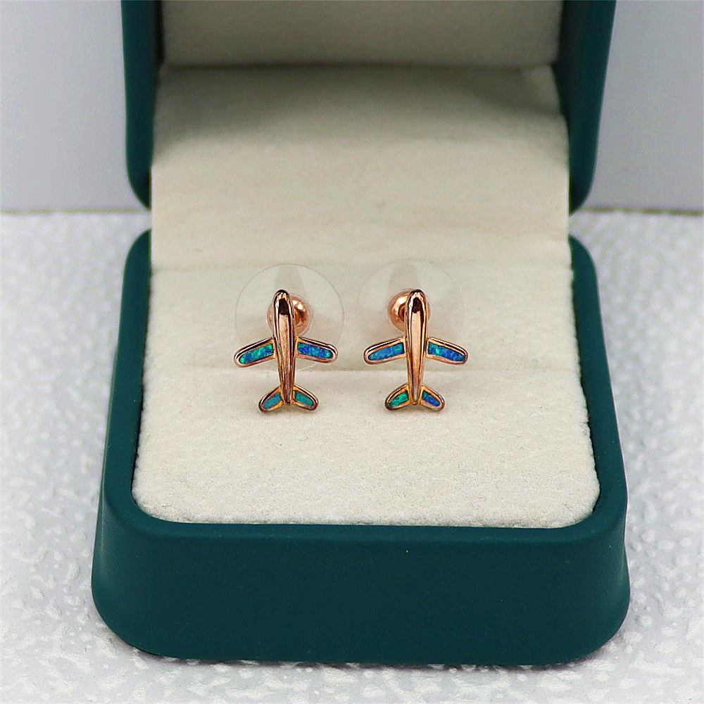 Rose Gold Airplane Stud Earrings, Opal Accent Travel Jewelry, Whimsical Minimalist Earrings, Unique Gift for Women