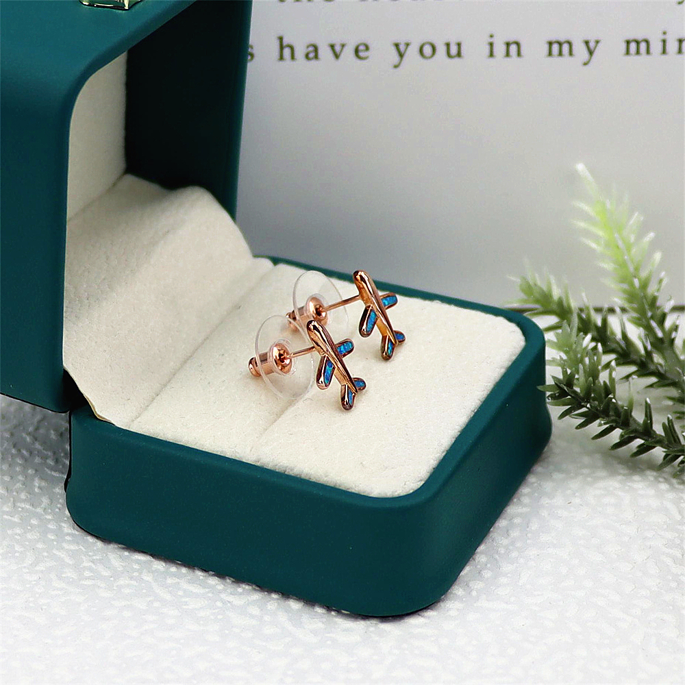 Rose Gold Airplane Stud Earrings, Opal Accent Travel Jewelry, Whimsical Minimalist Earrings, Unique Gift for Women