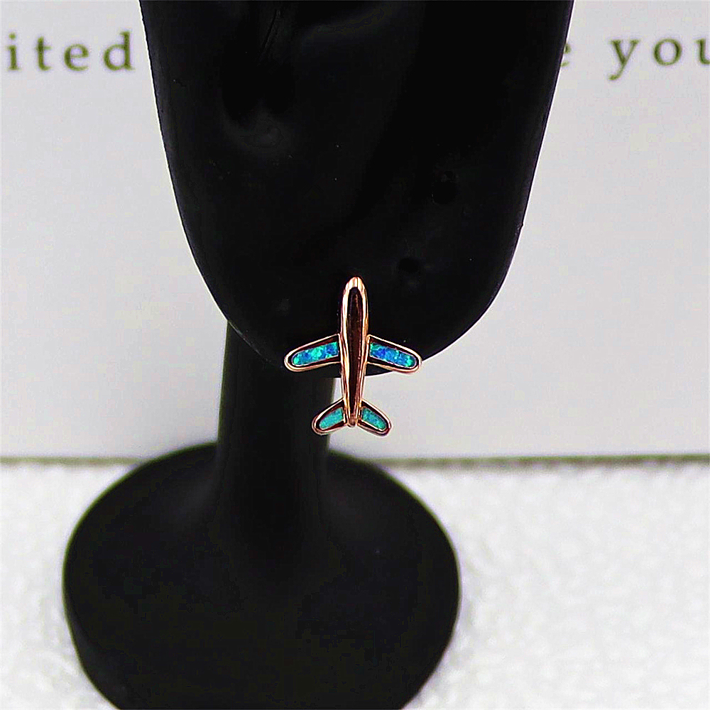 Rose Gold Airplane Stud Earrings, Opal Accent Travel Jewelry, Whimsical Minimalist Earrings, Unique Gift for Women