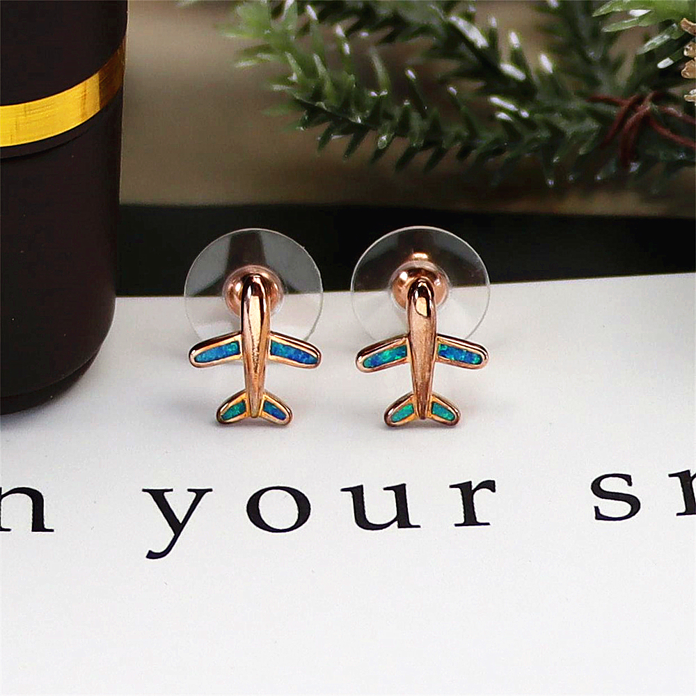 Rose Gold Airplane Stud Earrings, Opal Accent Travel Jewelry, Whimsical Minimalist Earrings, Unique Gift for Women