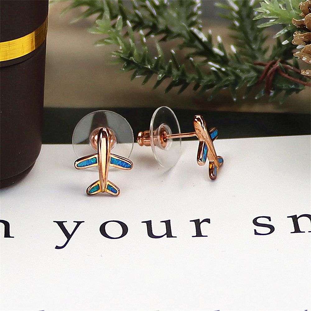 Rose Gold Airplane Stud Earrings, Opal Accent Travel Jewelry, Whimsical Minimalist Earrings, Unique Gift for Women
