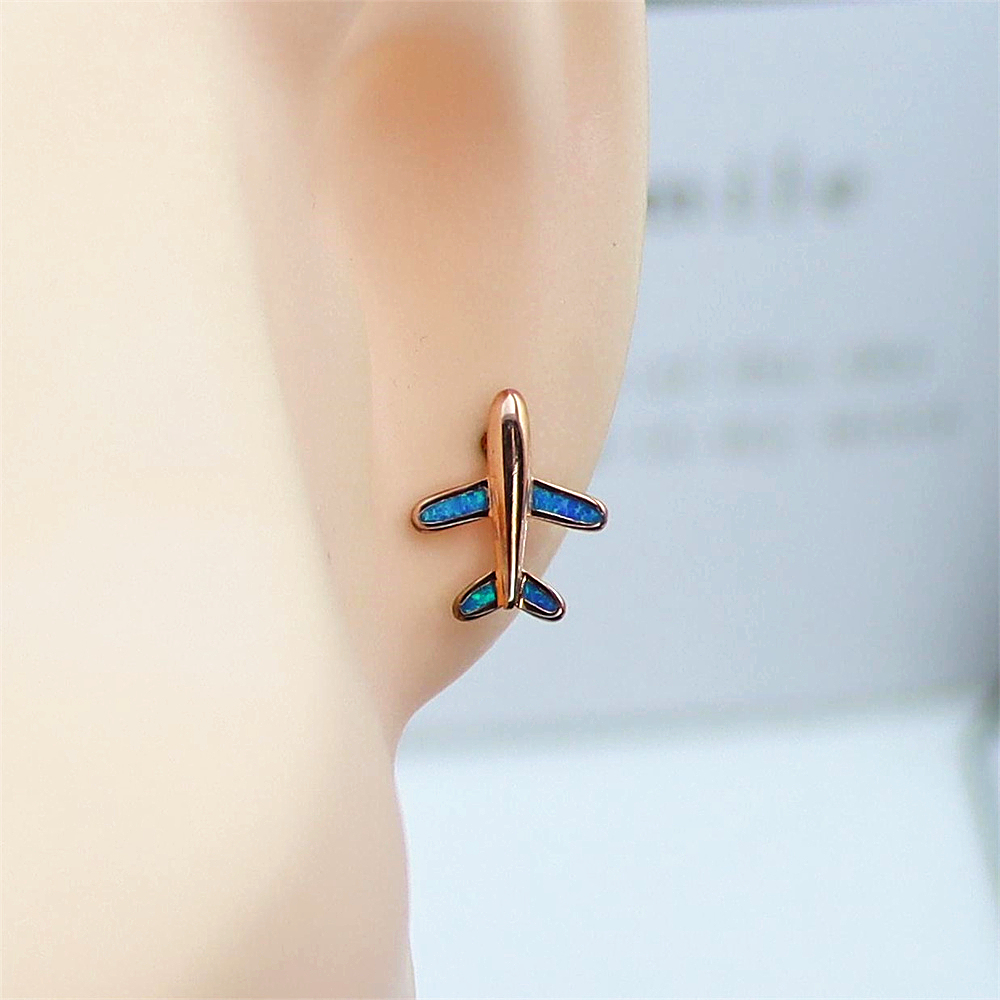 Rose Gold Airplane Stud Earrings, Opal Accent Travel Jewelry, Whimsical Minimalist Earrings, Unique Gift for Women