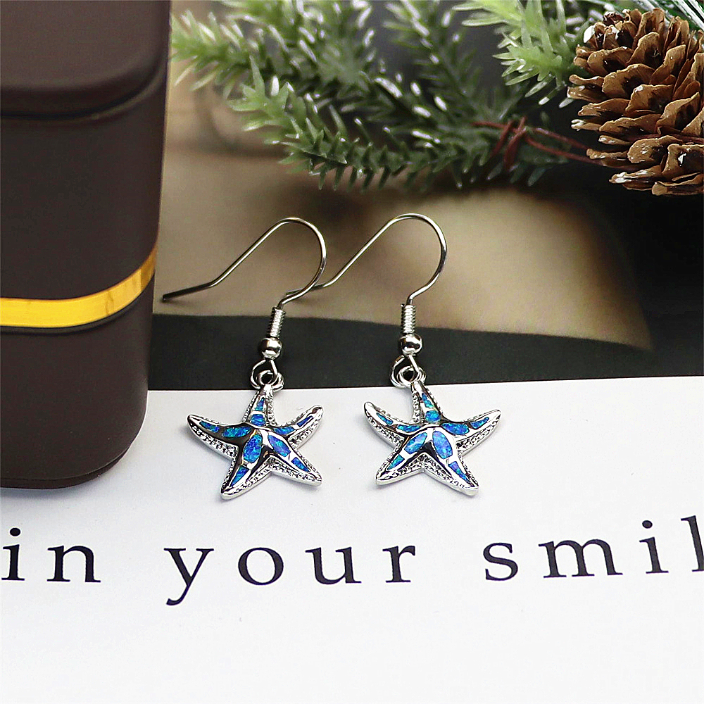 White Opal Starfish Dangle Earrings, Opal Nautical Earrings, Minimalist Ocean Jewelry, Elegant Gift for Women