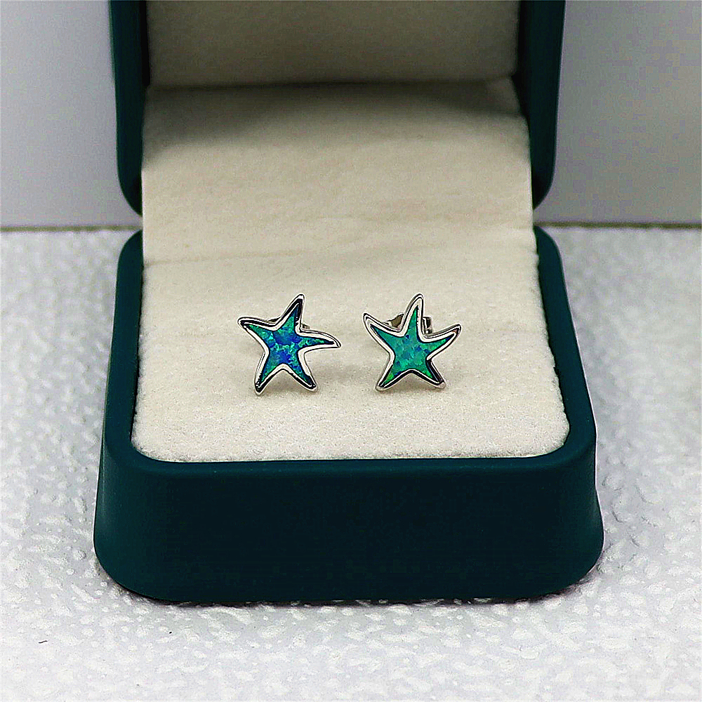 Starfish Stud Earrings, Rose Gold Plated with Blue  Opal, Whimsical Ocean Jewelry, Joyful Gift for Women