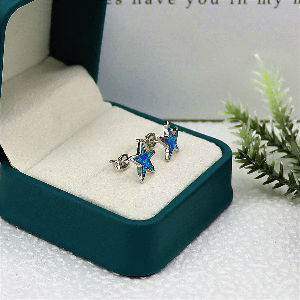 Starfish Stud Earrings, Rose Gold Plated with Blue  Opal, Whimsical Ocean Jewelry, Joyful Gift for Women