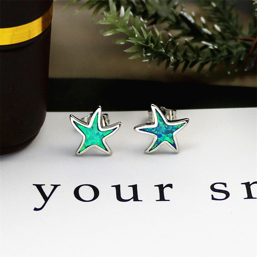 Starfish Stud Earrings, Rose Gold Plated with Blue  Opal, Whimsical Ocean Jewelry, Joyful Gift for Women