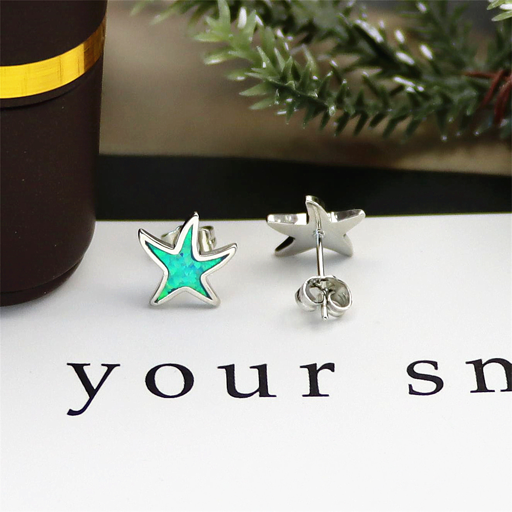 Starfish Stud Earrings, Rose Gold Plated with Blue  Opal, Whimsical Ocean Jewelry, Joyful Gift for Women