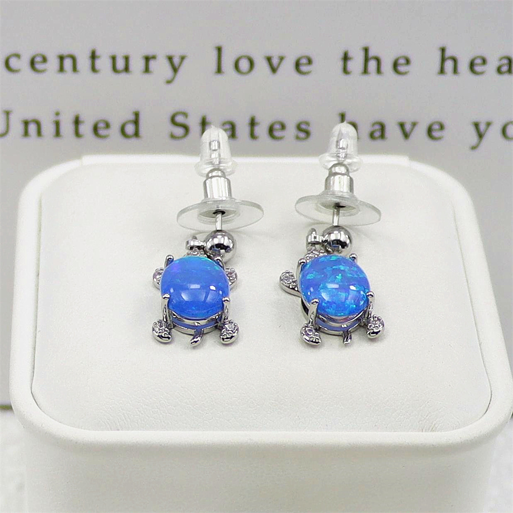 Turtle Dangle Earrings, White Gold Plated with Blue Oval Opal, Delicate Animal Jewelry, Whimsical Gift for Women