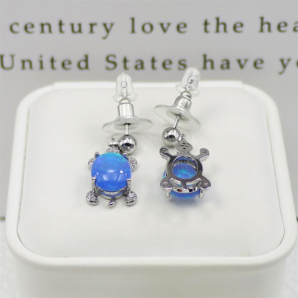 Turtle Dangle Earrings, White Gold Plated with Blue Oval Opal, Delicate Animal Jewelry, Whimsical Gift for Women