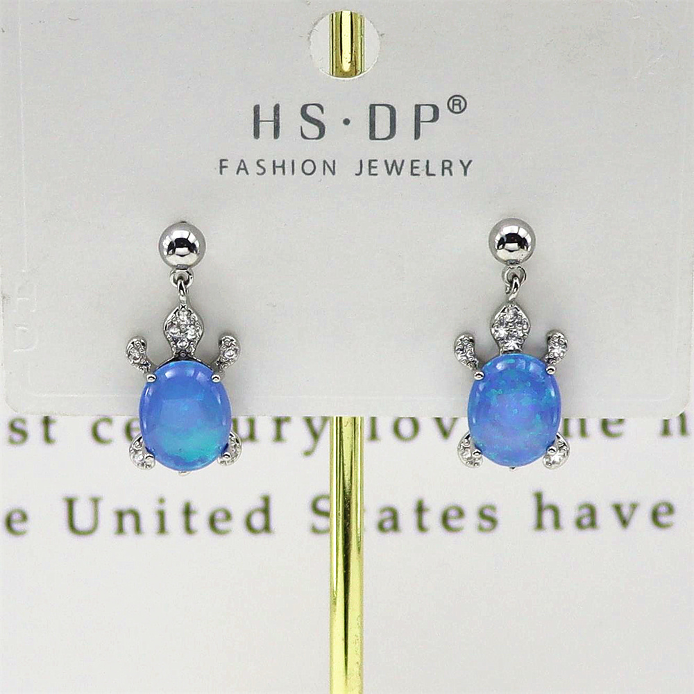 Turtle Dangle Earrings, White Gold Plated with Blue Oval Opal, Delicate Animal Jewelry, Whimsical Gift for Women