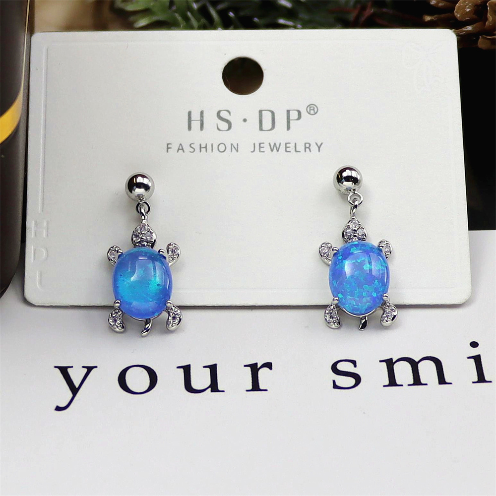 Turtle Dangle Earrings, White Gold Plated with Blue Oval Opal, Delicate Animal Jewelry, Whimsical Gift for Women