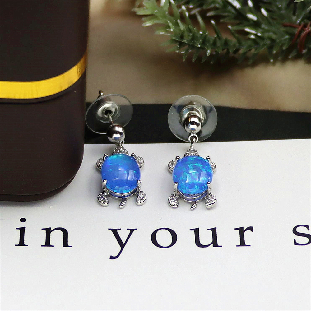 Turtle Dangle Earrings, White Gold Plated with Blue Oval Opal, Delicate Animal Jewelry, Whimsical Gift for Women
