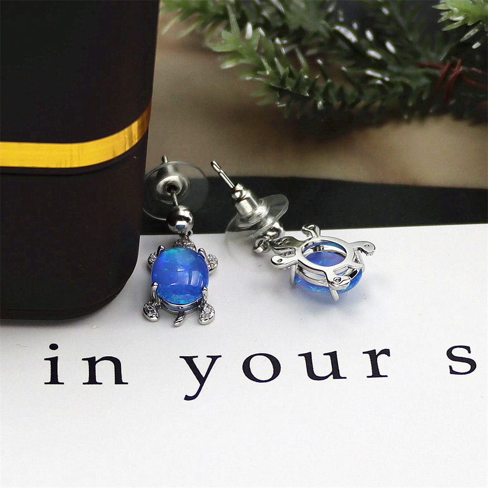 Turtle Dangle Earrings, White Gold Plated with Blue Oval Opal, Delicate Animal Jewelry, Whimsical Gift for Women
