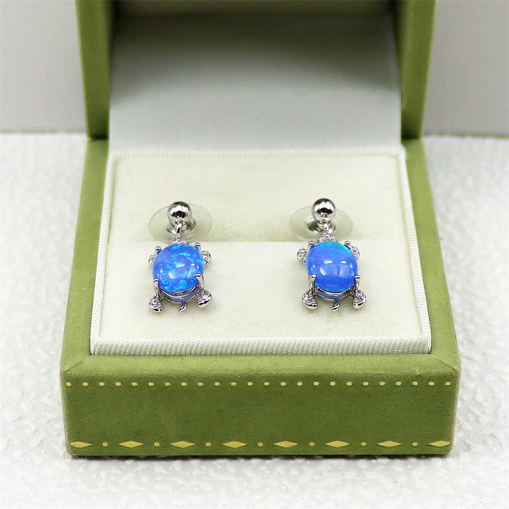 Turtle Dangle Earrings, White Gold Plated with Blue Oval Opal, Delicate Animal Jewelry, Whimsical Gift for Women