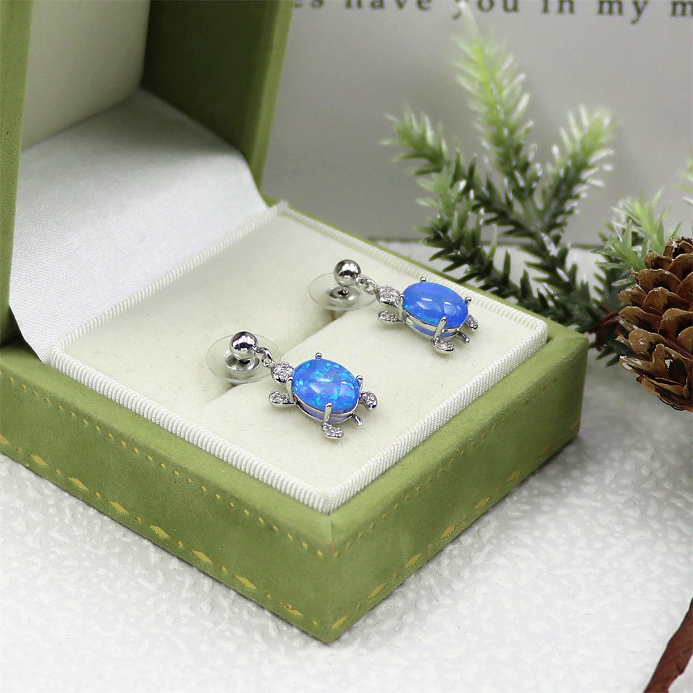 Turtle Dangle Earrings, White Gold Plated with Blue Oval Opal, Delicate Animal Jewelry, Whimsical Gift for Women