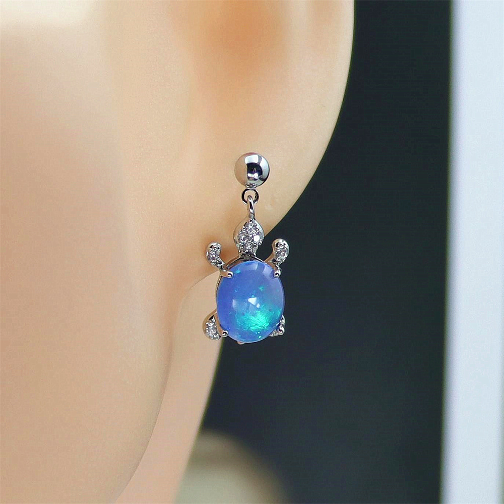 Turtle Dangle Earrings, White Gold Plated with Blue Oval Opal, Delicate Animal Jewelry, Whimsical Gift for Women