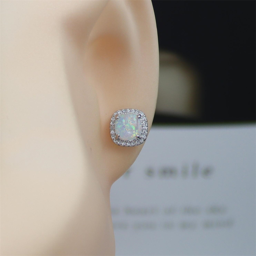 Square White Opal Stud Earrings, White Gold Plated Four-Prong Spiral Setting, Geometric Minimalist Jewelry, Modern Luxury Gift for Women