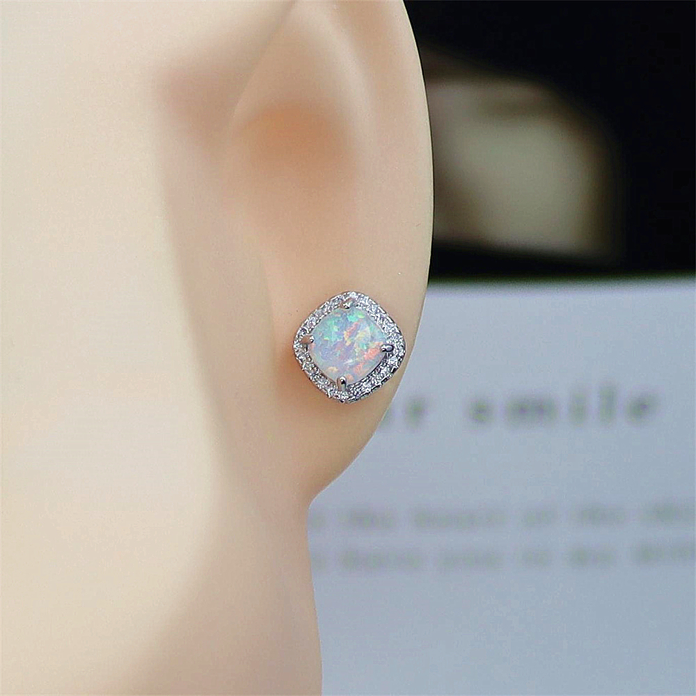 Square White Opal Stud Earrings, White Gold Plated Four-Prong Spiral Setting, Geometric Minimalist Jewelry, Modern Luxury Gift for Women