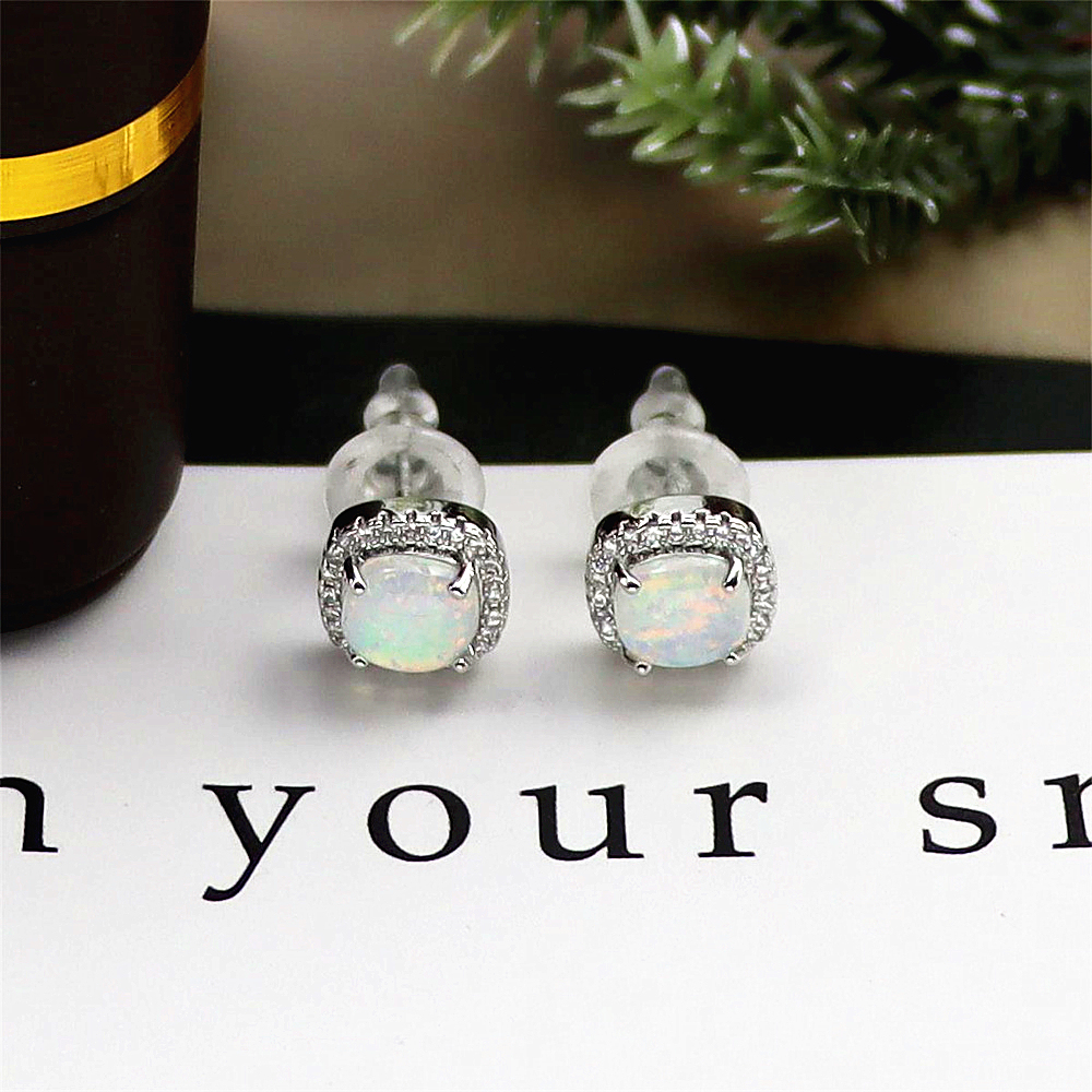 Square White Opal Stud Earrings, White Gold Plated Four-Prong Spiral Setting, Geometric Minimalist Jewelry, Modern Luxury Gift for Women