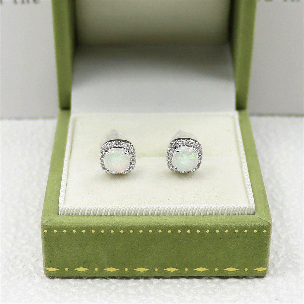 Square White Opal Stud Earrings, White Gold Plated Four-Prong Spiral Setting, Geometric Minimalist Jewelry, Modern Luxury Gift for Women