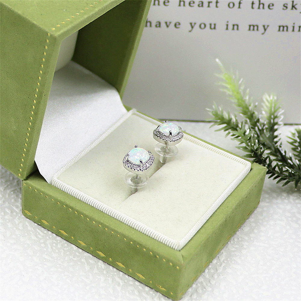 Square White Opal Stud Earrings, White Gold Plated Four-Prong Spiral Setting, Geometric Minimalist Jewelry, Modern Luxury Gift for Women