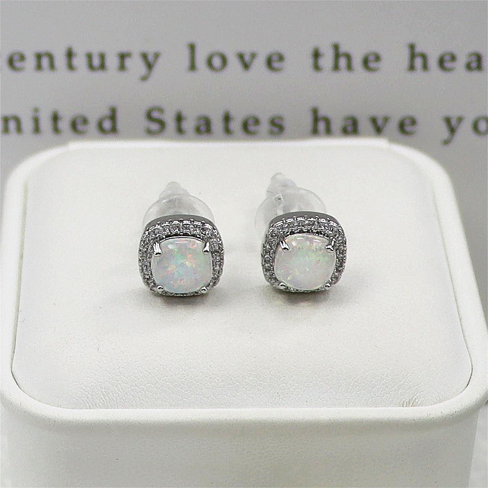 Square White Opal Stud Earrings, White Gold Plated Four-Prong Spiral Setting, Geometric Minimalist Jewelry, Modern Luxury Gift for Women