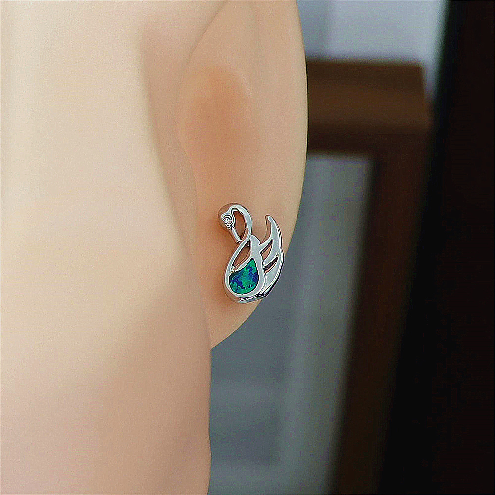 Swan Stud Earrings, White Gold Plated with Blue & White Opal, Elegant Animal Jewelry, Versatile Gift for Women
