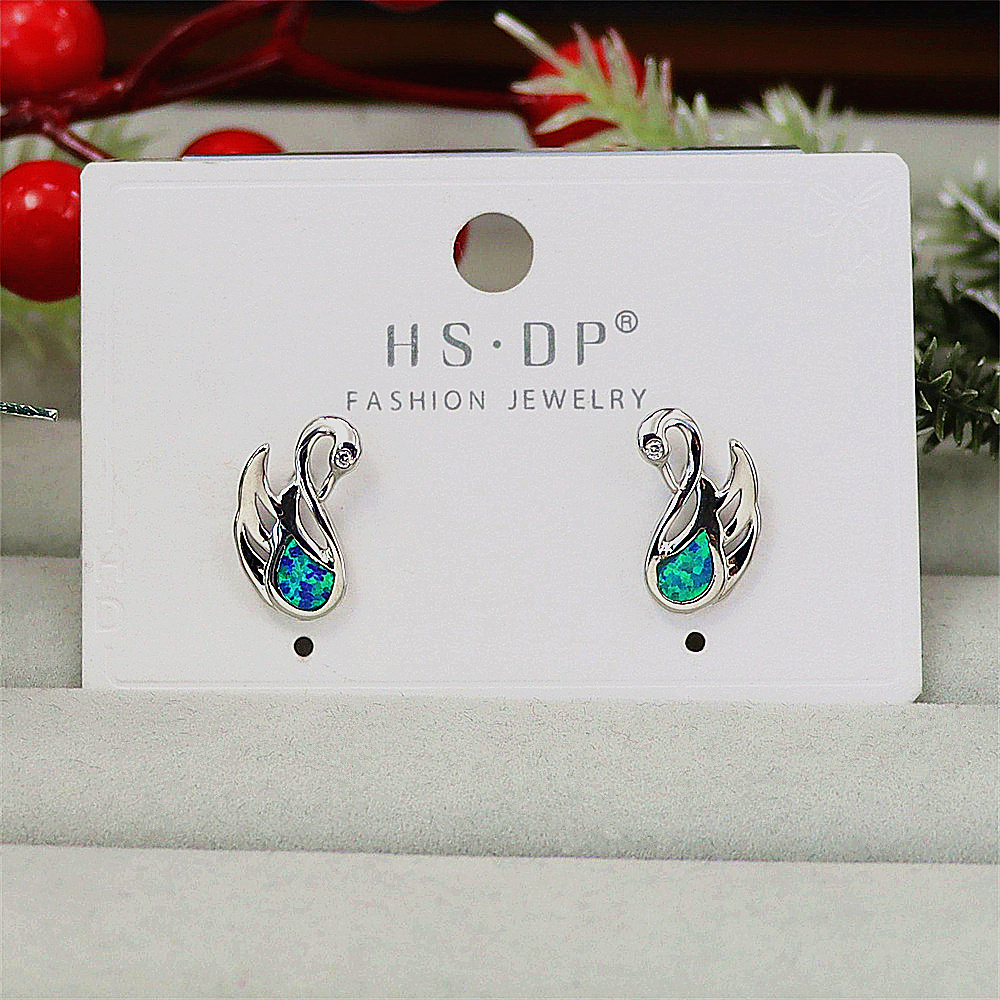 Swan Stud Earrings, White Gold Plated with Blue & White Opal, Elegant Animal Jewelry, Versatile Gift for Women