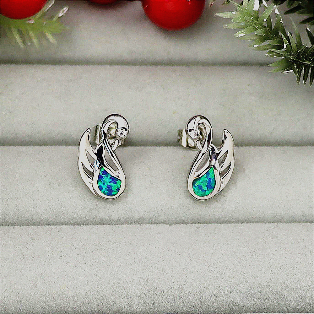 Swan Stud Earrings, White Gold Plated with Blue & White Opal, Elegant Animal Jewelry, Versatile Gift for Women