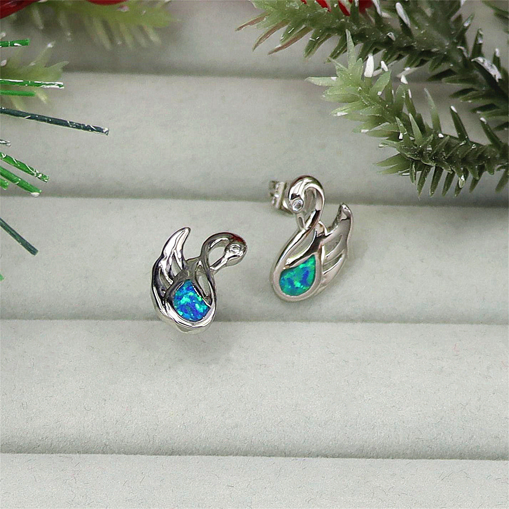 Swan Stud Earrings, White Gold Plated with Blue & White Opal, Elegant Animal Jewelry, Versatile Gift for Women