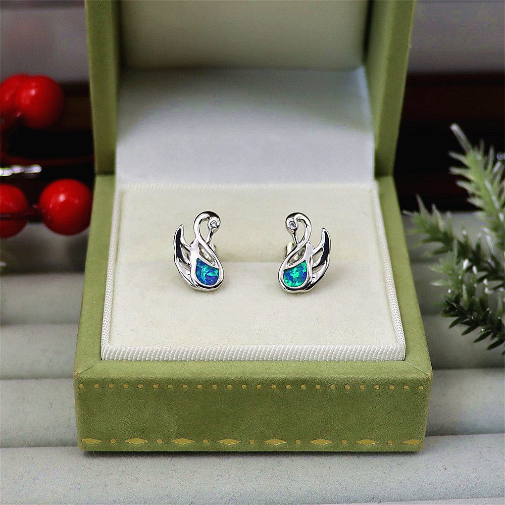 Swan Stud Earrings, White Gold Plated with Blue & White Opal, Elegant Animal Jewelry, Versatile Gift for Women