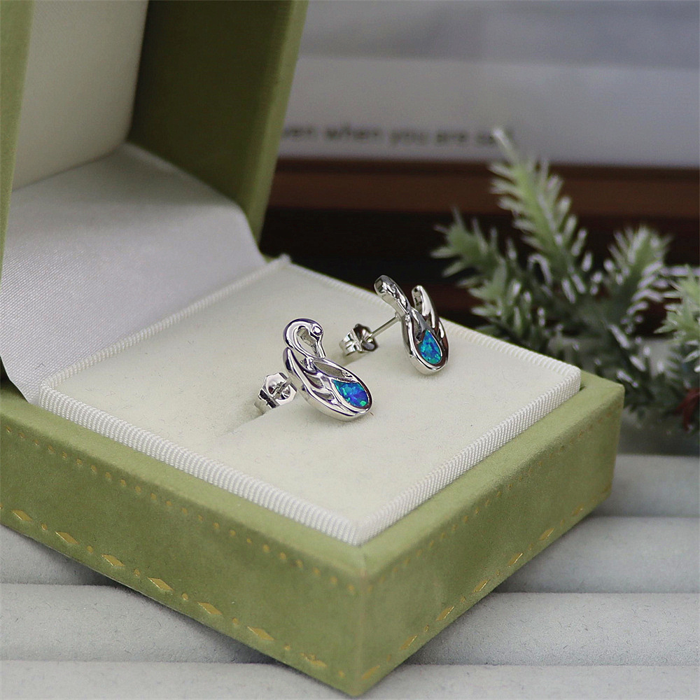 Swan Stud Earrings, White Gold Plated with Blue & White Opal, Elegant Animal Jewelry, Versatile Gift for Women