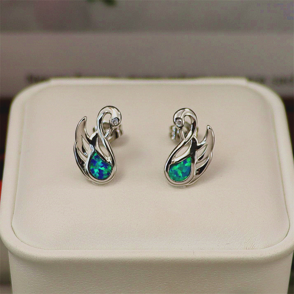 Swan Stud Earrings, White Gold Plated with Blue & White Opal, Elegant Animal Jewelry, Versatile Gift for Women