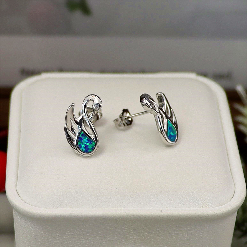 Swan Stud Earrings, White Gold Plated with Blue & White Opal, Elegant Animal Jewelry, Versatile Gift for Women