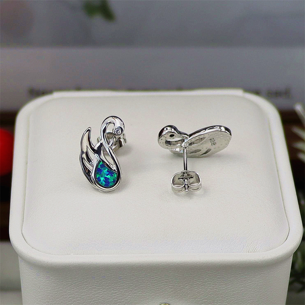 Swan Stud Earrings, White Gold Plated with Blue & White Opal, Elegant Animal Jewelry, Versatile Gift for Women
