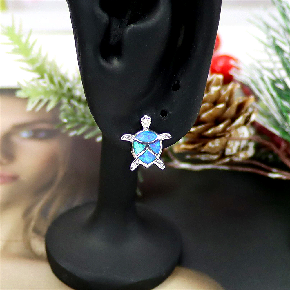 Turtle Stud Earrings, Blue Opal Sea Animal Earrings, Nautical Whimsical Jewelry, Unique Gift for Women