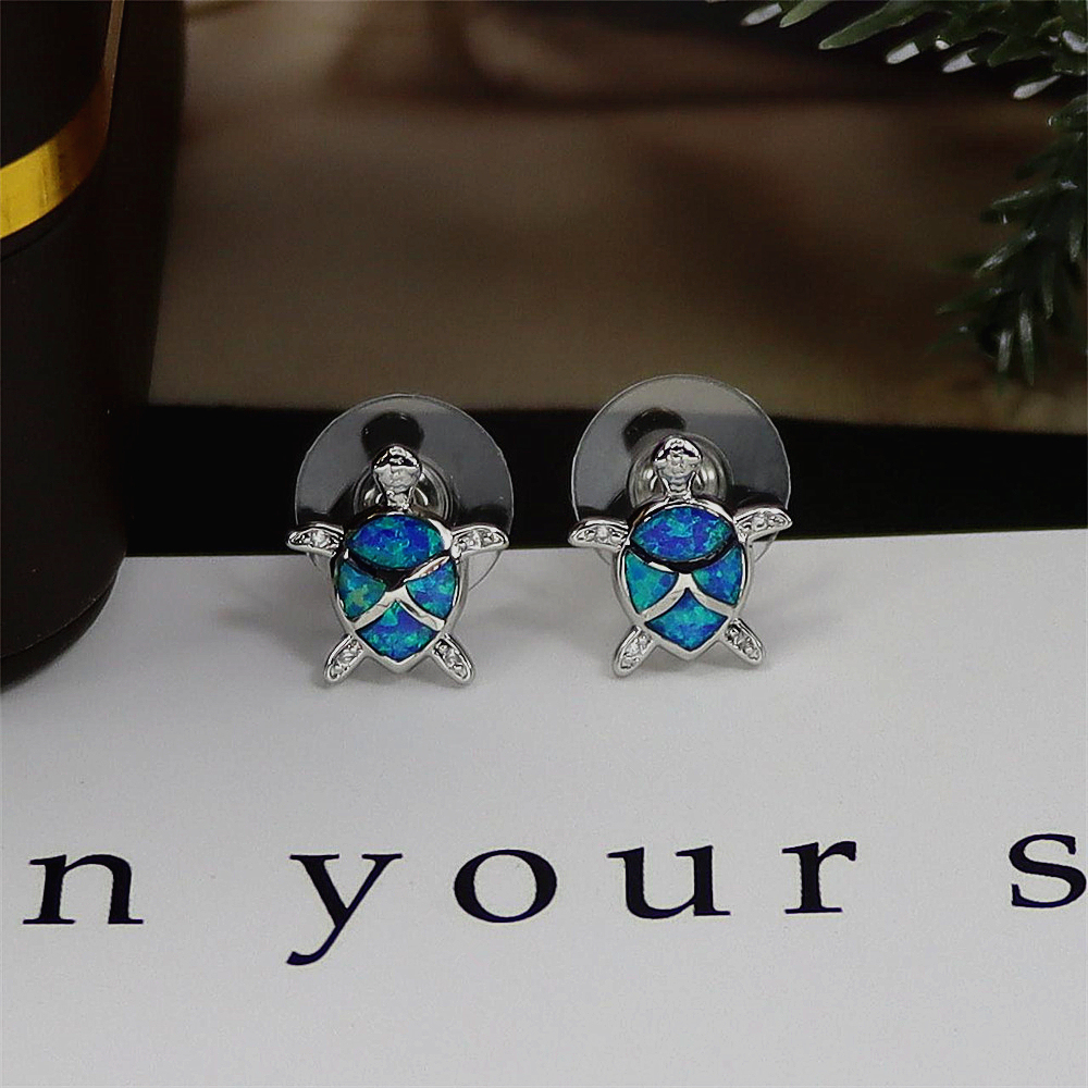 Turtle Stud Earrings, Blue Opal Sea Animal Earrings, Nautical Whimsical Jewelry, Unique Gift for Women