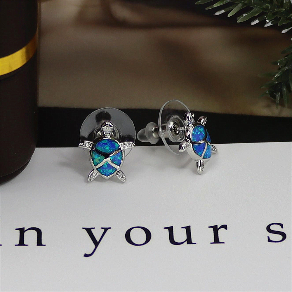 Turtle Stud Earrings, Blue Opal Sea Animal Earrings, Nautical Whimsical Jewelry, Unique Gift for Women
