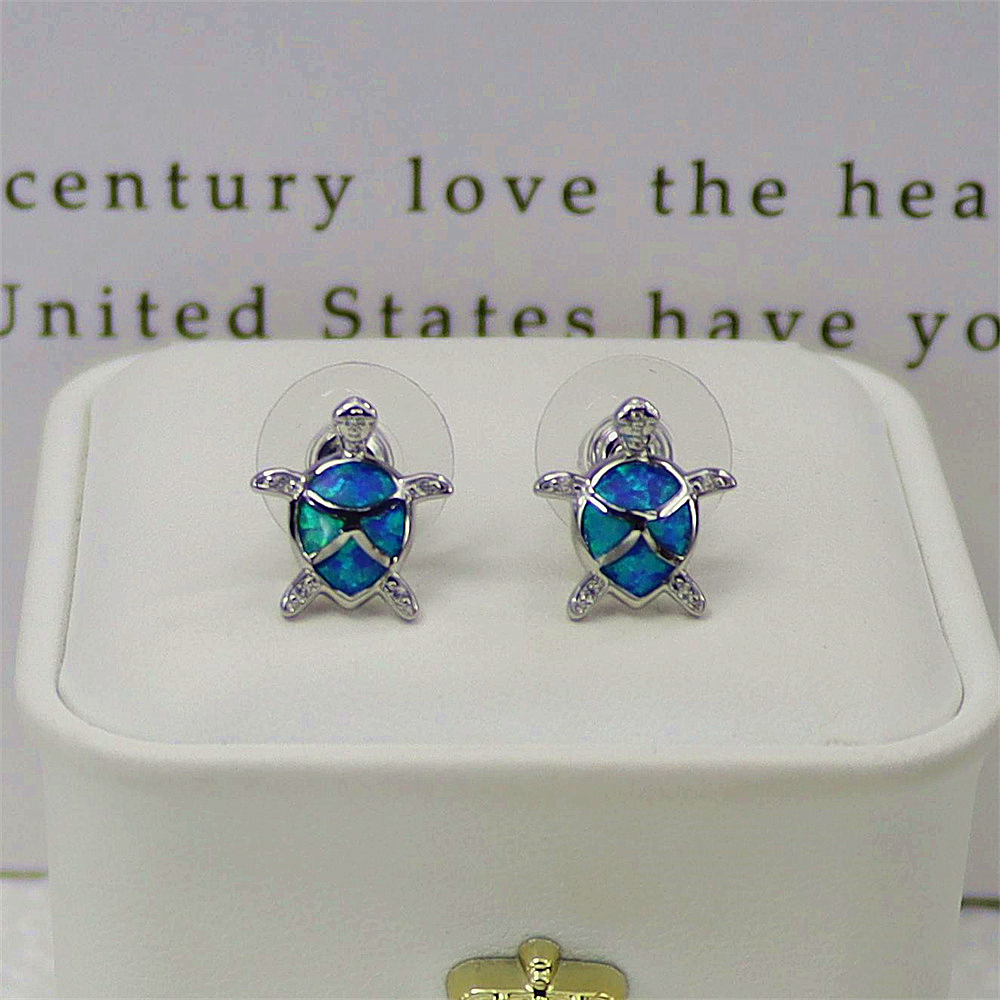 Turtle Stud Earrings, Blue Opal Sea Animal Earrings, Nautical Whimsical Jewelry, Unique Gift for Women