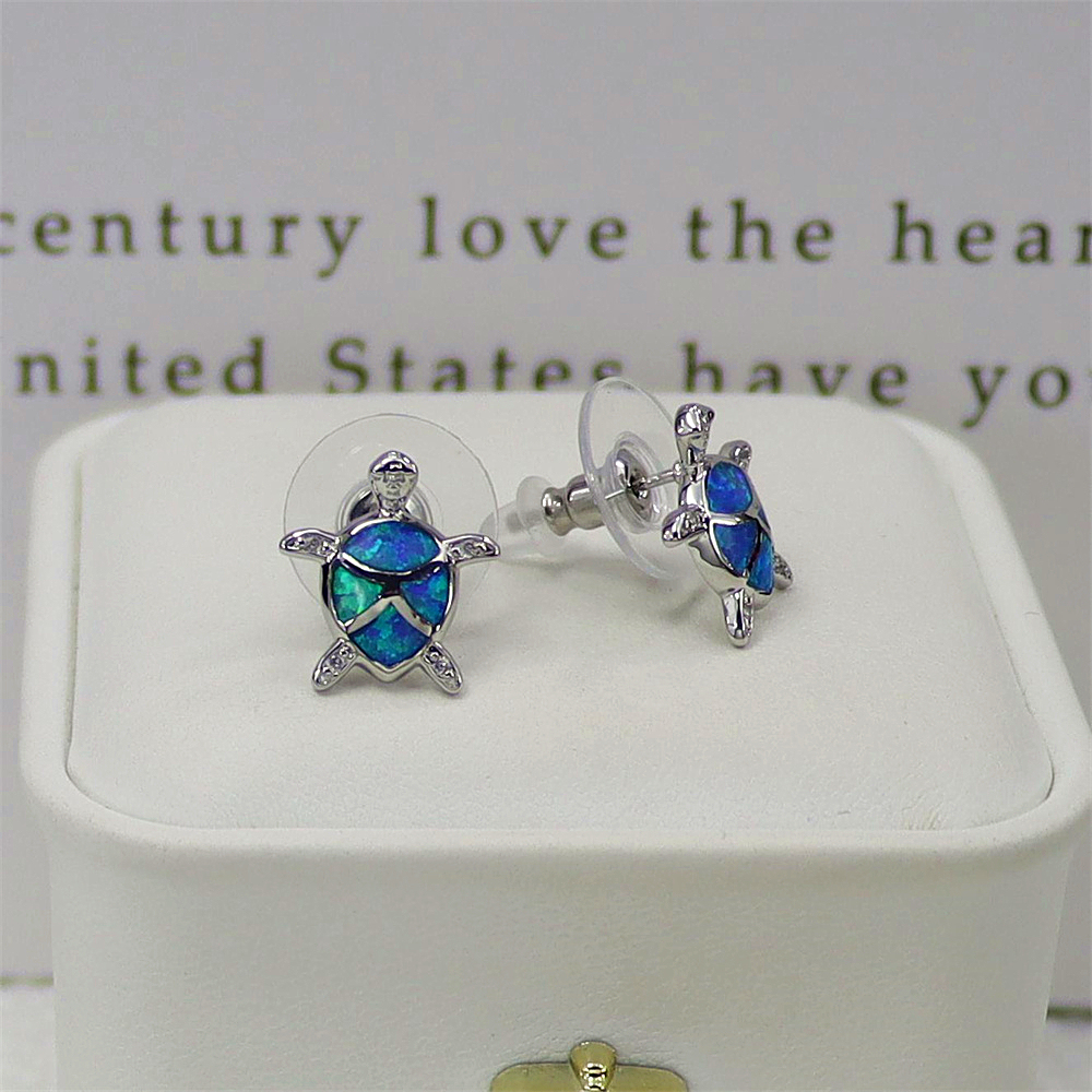 Turtle Stud Earrings, Blue Opal Sea Animal Earrings, Nautical Whimsical Jewelry, Unique Gift for Women