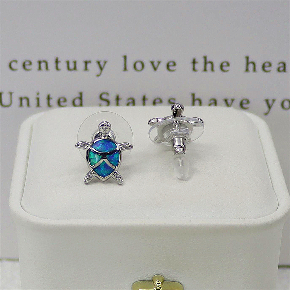 Turtle Stud Earrings, Blue Opal Sea Animal Earrings, Nautical Whimsical Jewelry, Unique Gift for Women