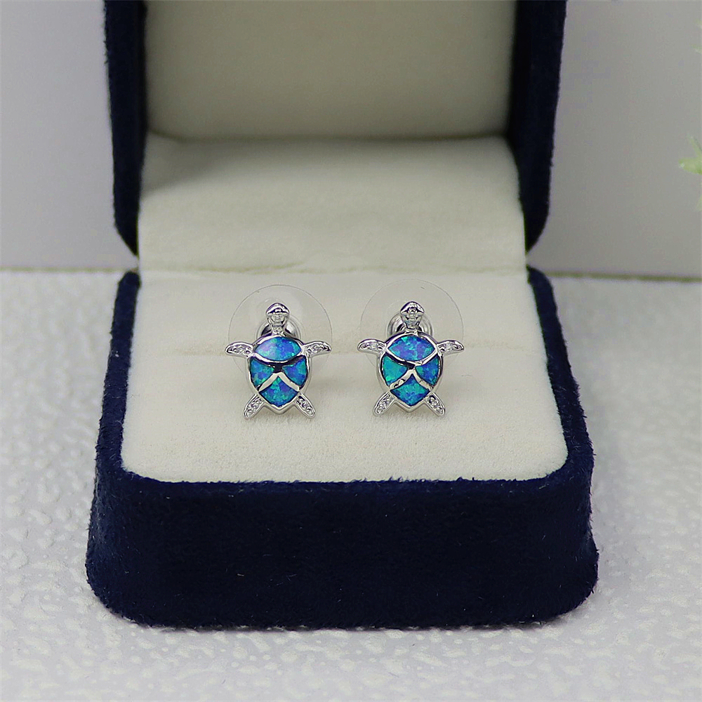 Turtle Stud Earrings, Blue Opal Sea Animal Earrings, Nautical Whimsical Jewelry, Unique Gift for Women