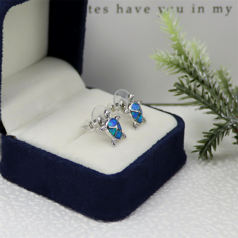 Turtle Stud Earrings, Blue Opal Sea Animal Earrings, Nautical Whimsical Jewelry, Unique Gift for Women