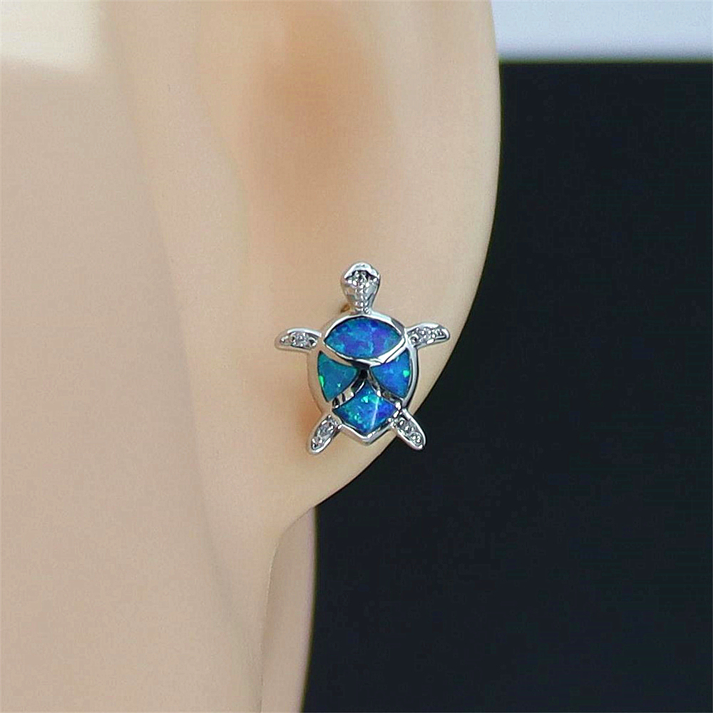 Turtle Stud Earrings, Blue Opal Sea Animal Earrings, Nautical Whimsical Jewelry, Unique Gift for Women